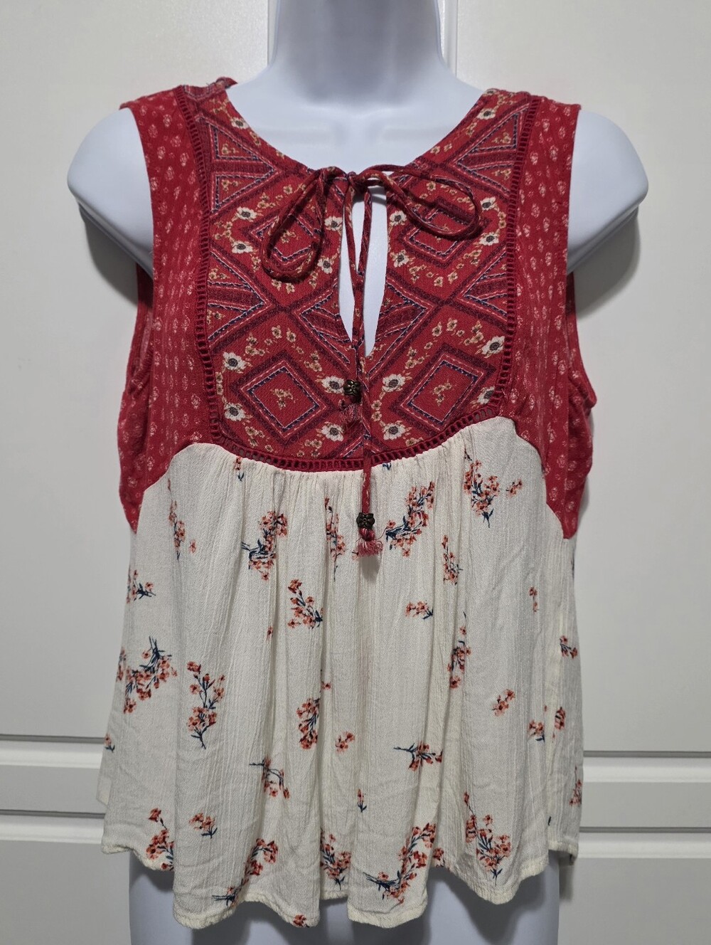 Rewind Womens L Babydoll Boho Floral Aztec Geometric Tie Flowy Sleeveless Tops